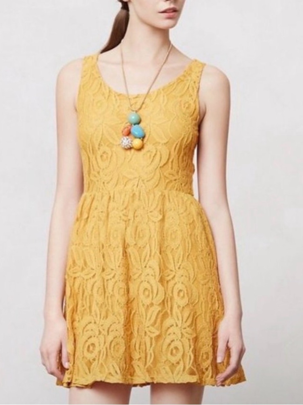 Anthropologie Moulinette Soeurs Mustard Yellow Floral Lace Dress Retro Pinup Y2K